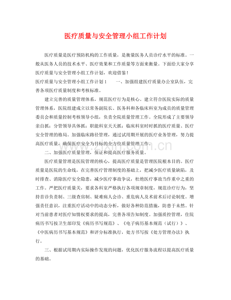 医疗质量与安全管理小组工作计划 .docx_第1页