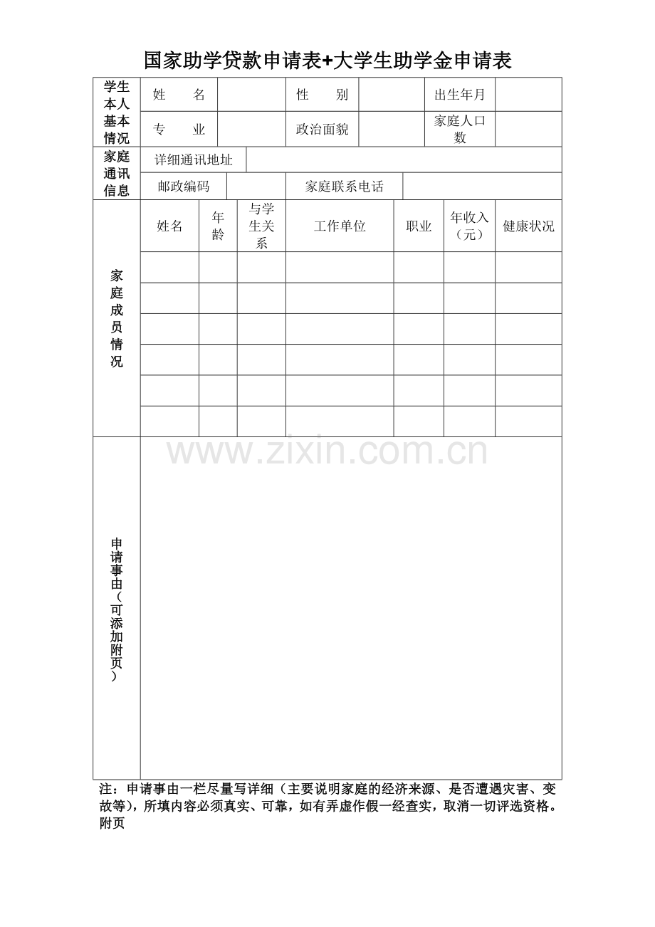 国家助学贷款申请表+大学生助学金申请表.doc_第1页