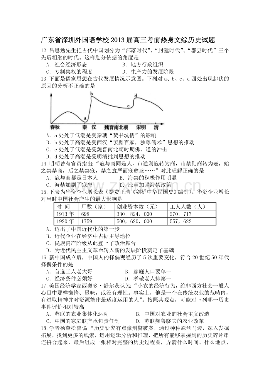 深圳外国语学校2013高考考前热身文综历史试题及答案.doc_第1页