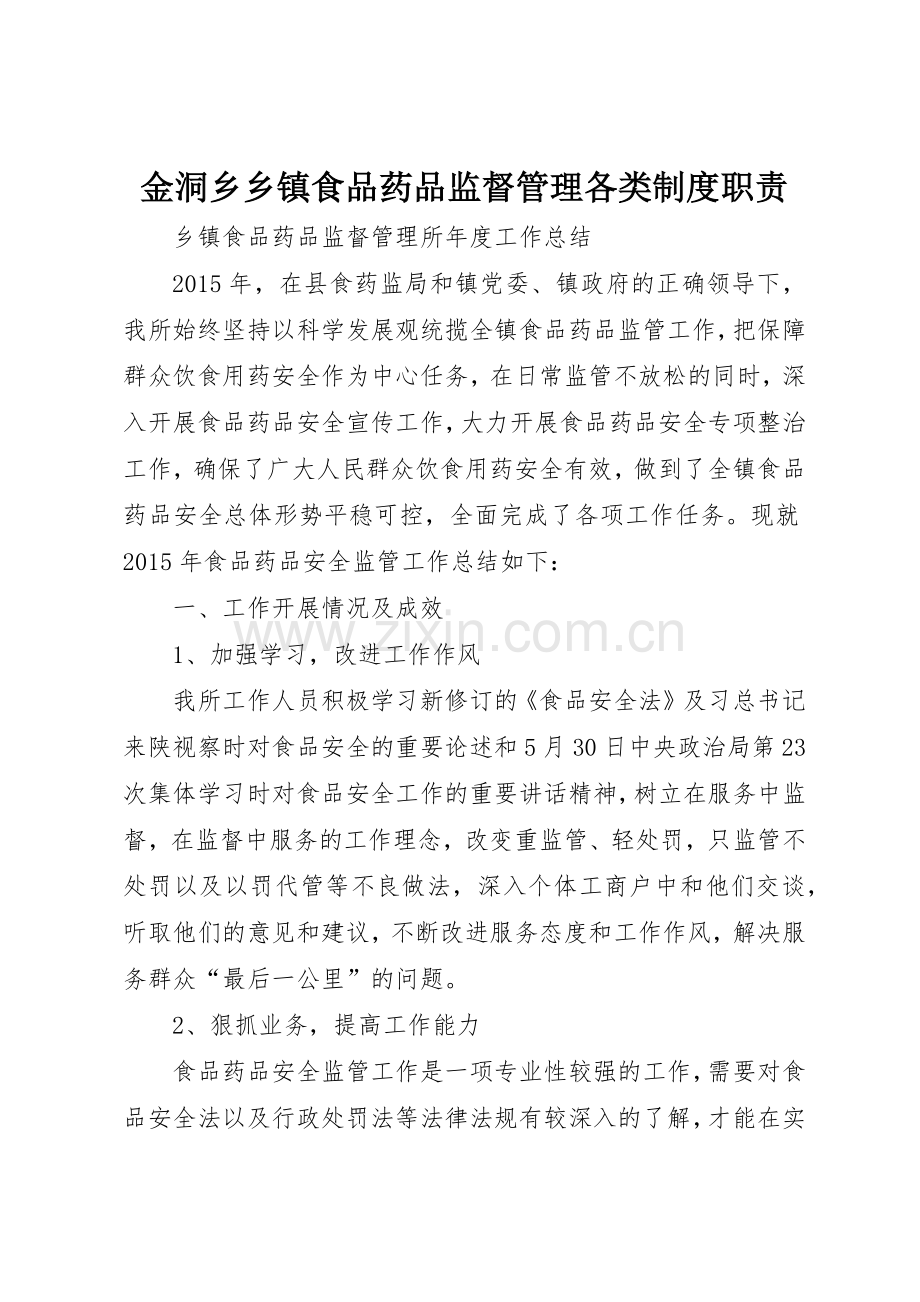 金洞乡乡镇食品药品监督管理各类规章制度细则职责要求.docx_第1页