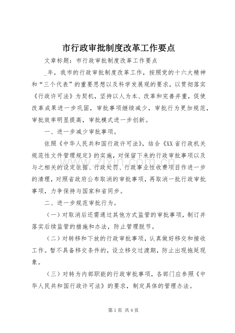 市行政审批规章制度改革工作要点 .docx_第1页