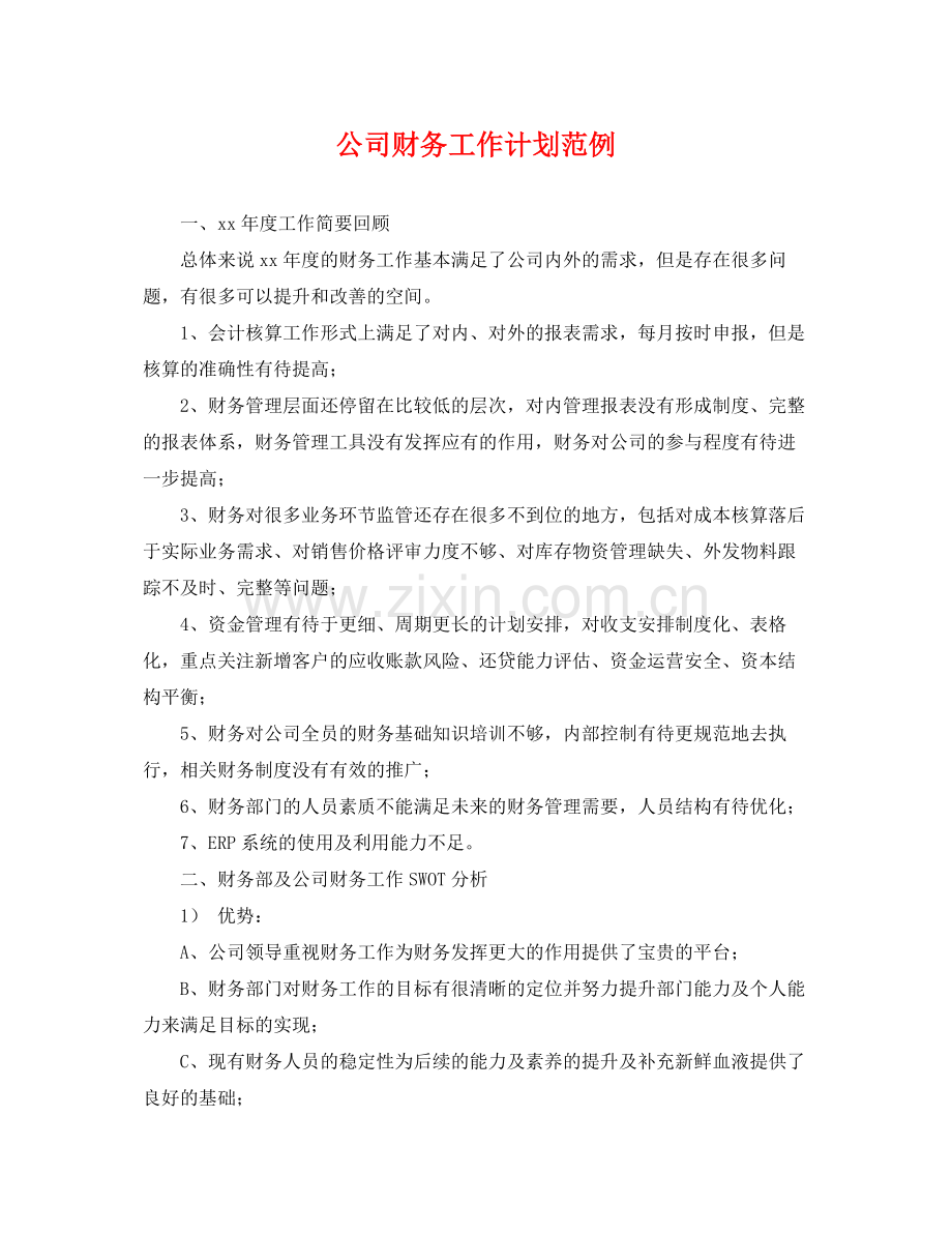 公司财务工作计划范例 .docx_第1页