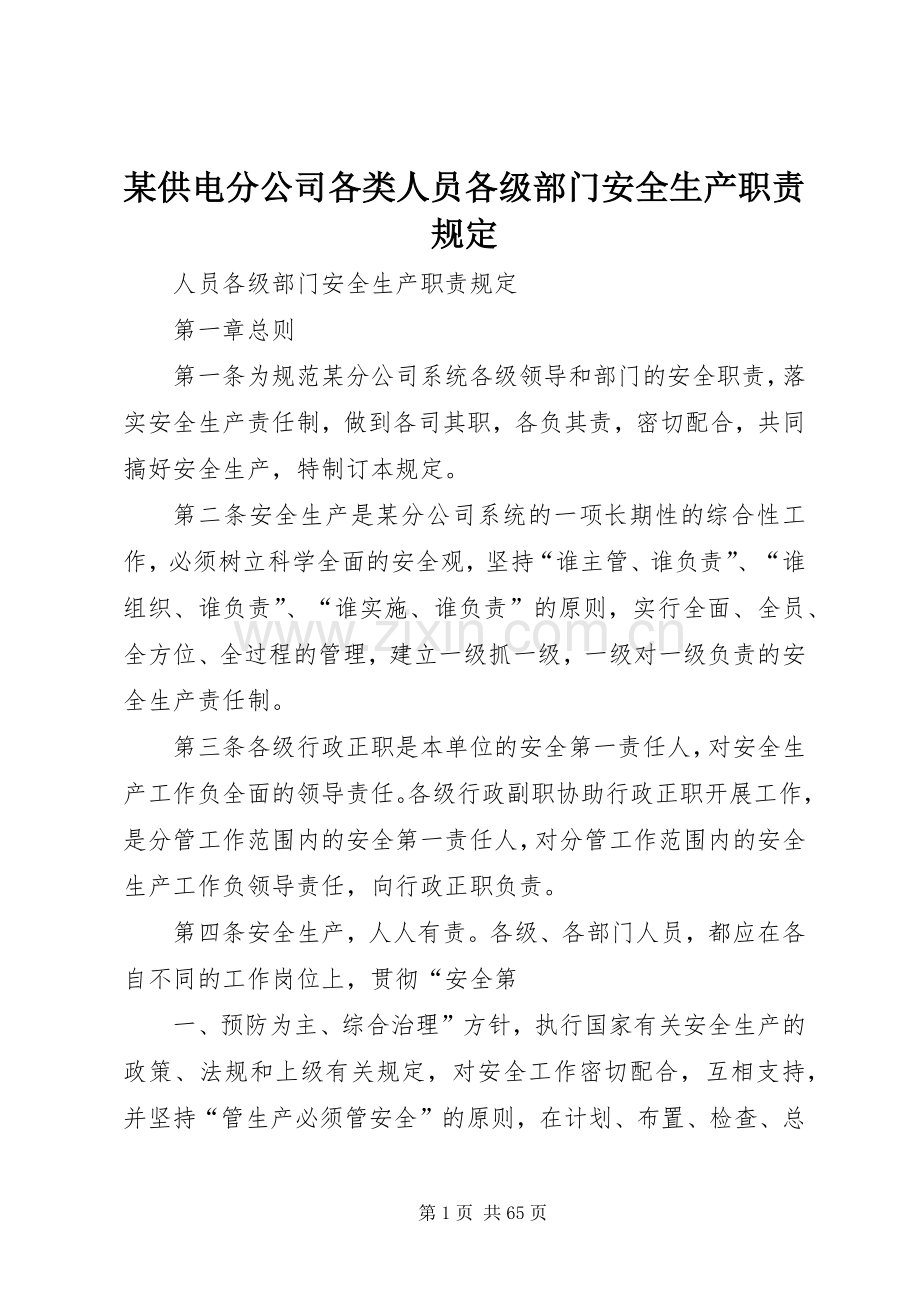 某供电分公司各类人员各级部门安全生产职责要求规定.docx_第1页