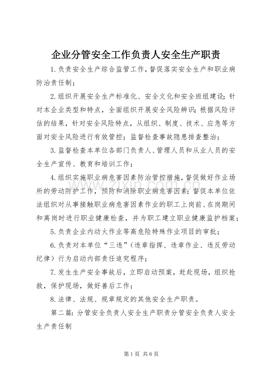 企业分管安全工作负责人安全生产职责要求.docx_第1页