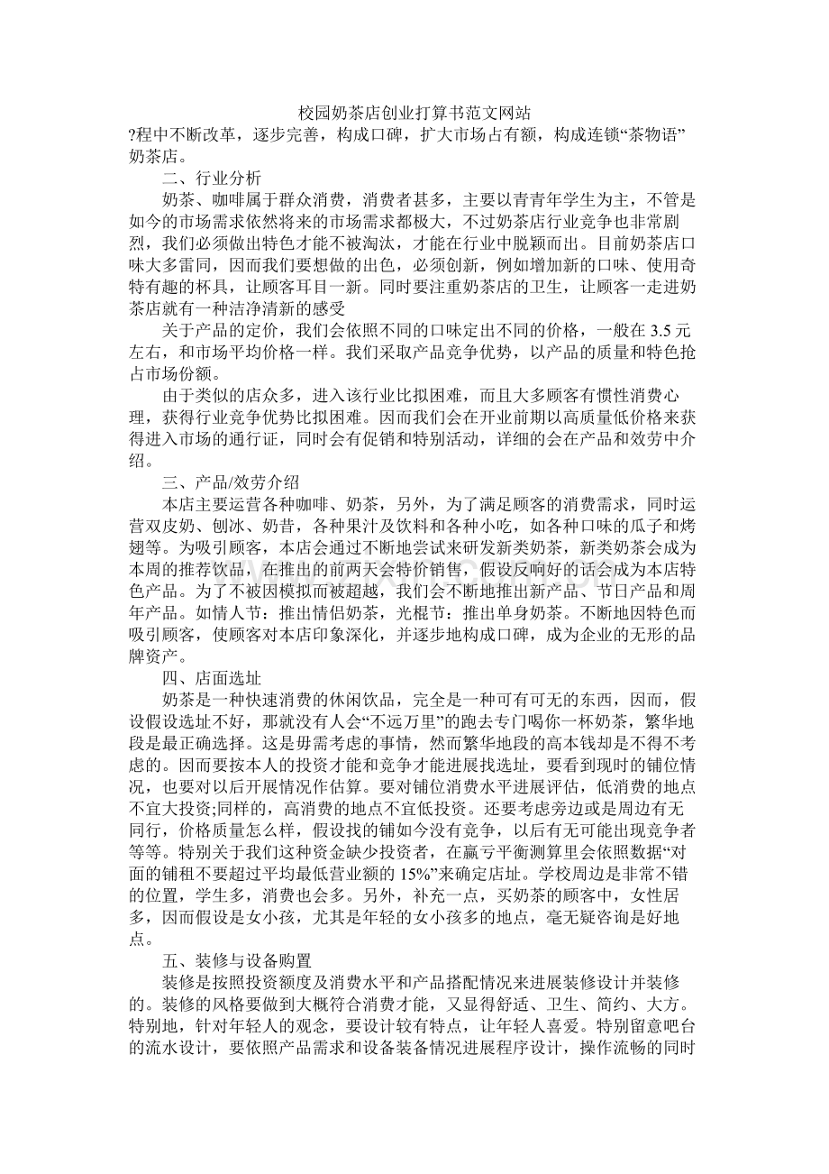 校园奶茶店创业计划书范文网站.docx_第1页