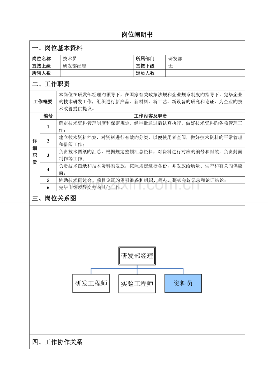 2022年研发部资料员岗位说明书.doc_第1页