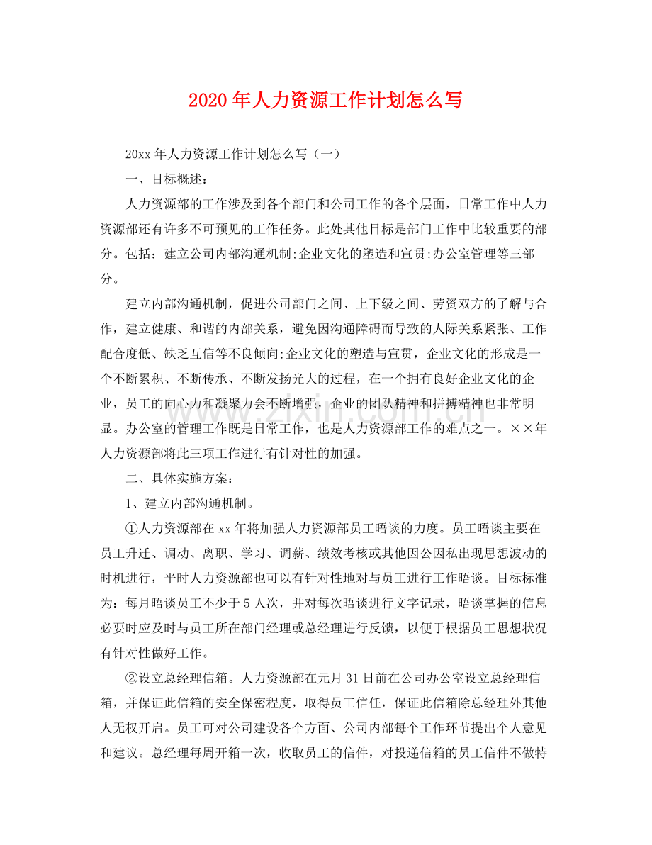 2020年人力资源工作计划怎么写 .docx_第1页