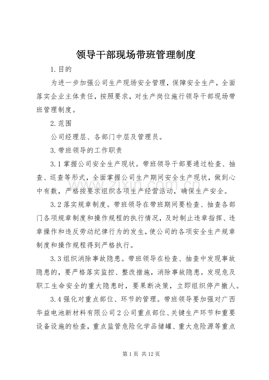 领导干部现场带班管理规章制度.docx_第1页