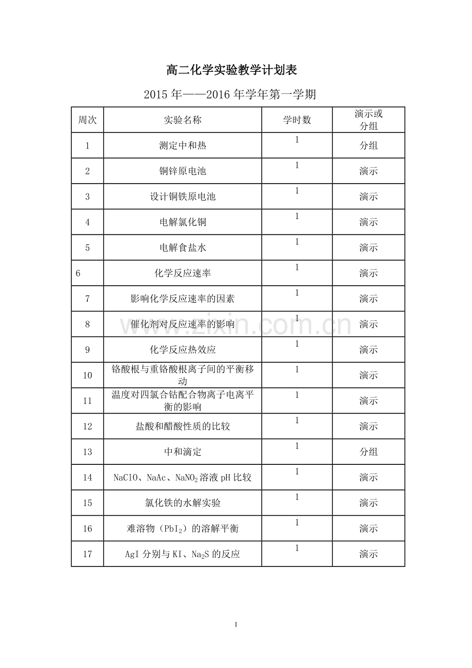 高中化学实验教学进度表.doc_第1页