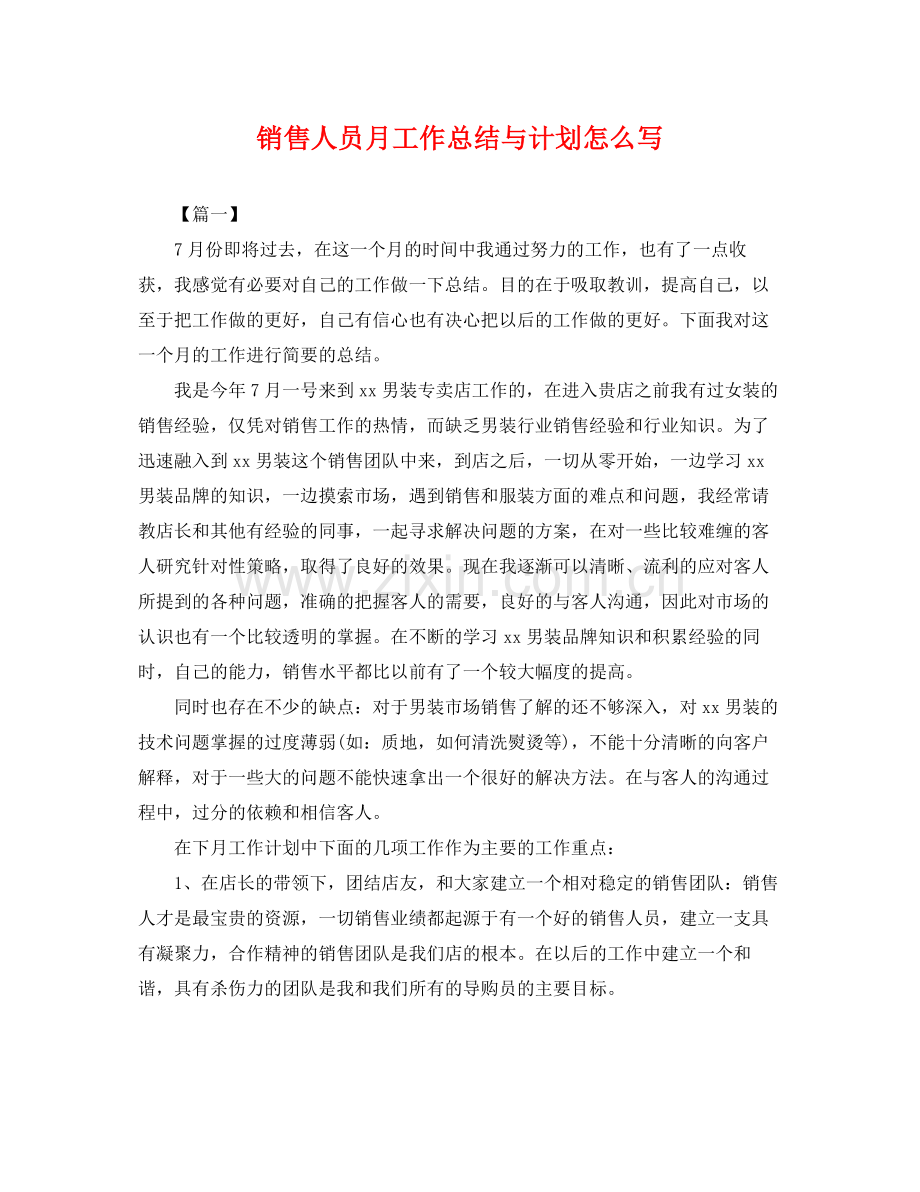 销售人员月工作总结与计划怎么写 .docx_第1页