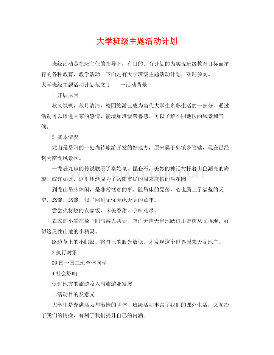 大学班级主题活动计划 .docx_第1页