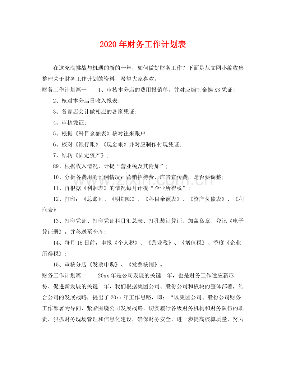 2020年财务工作计划表 .docx_第1页