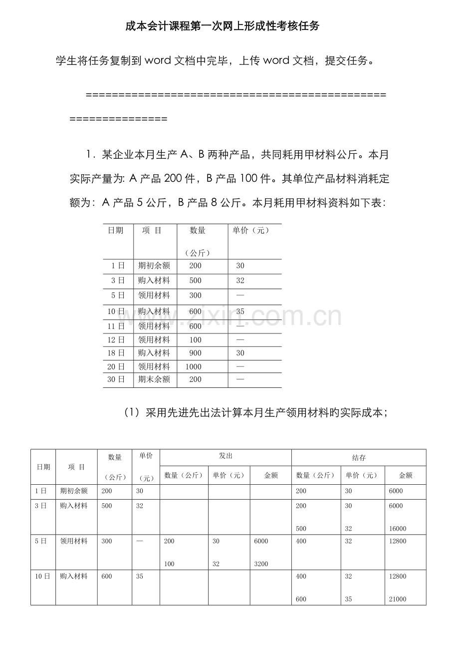 2022年成本会计电大课程第一次网上形成性考核任务.doc_第1页