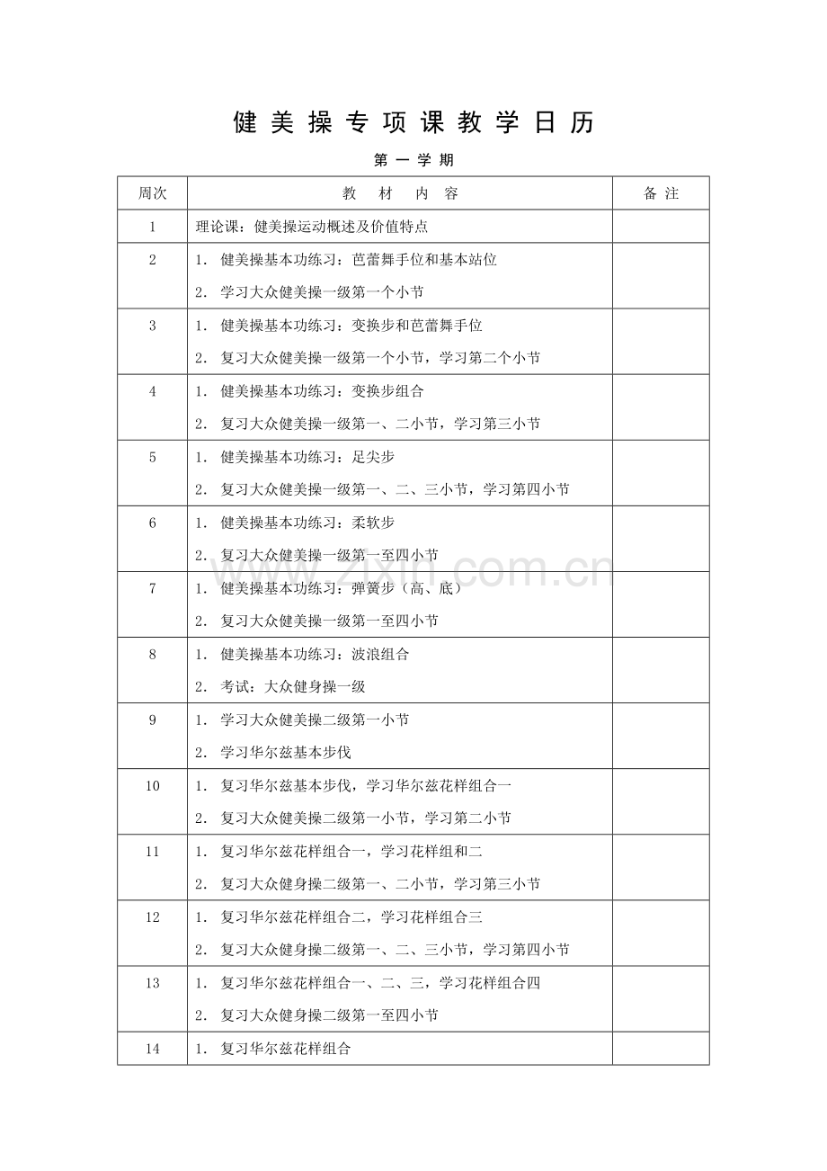 健美操专项课教学日历.doc_第1页