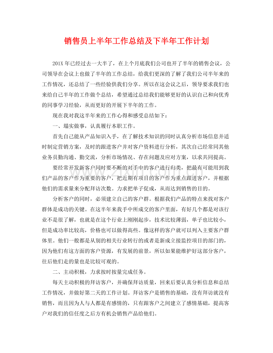 销售员上半年工作总结及下半年工作计划 .docx_第1页