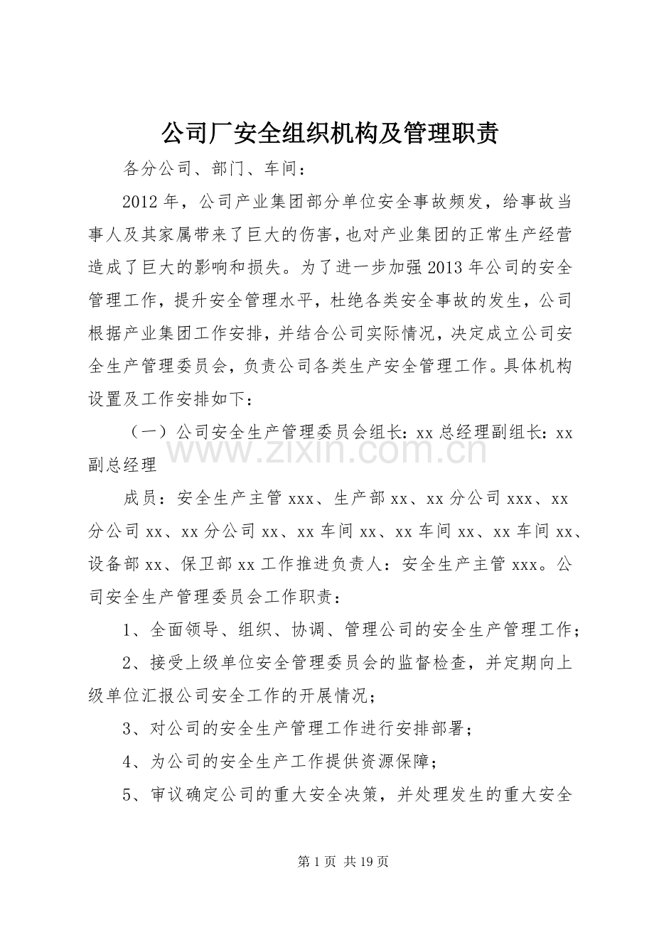 公司厂安全组织机构及管理职责要求.docx_第1页