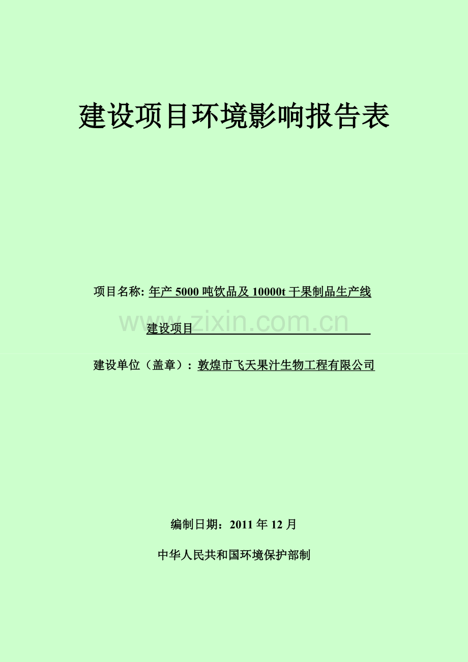 敦煌市飞天果汁生物工程有限公司年产5000吨饮品及10000t干果制品生产线建设项目建设项目环境影响报告表.doc_第1页