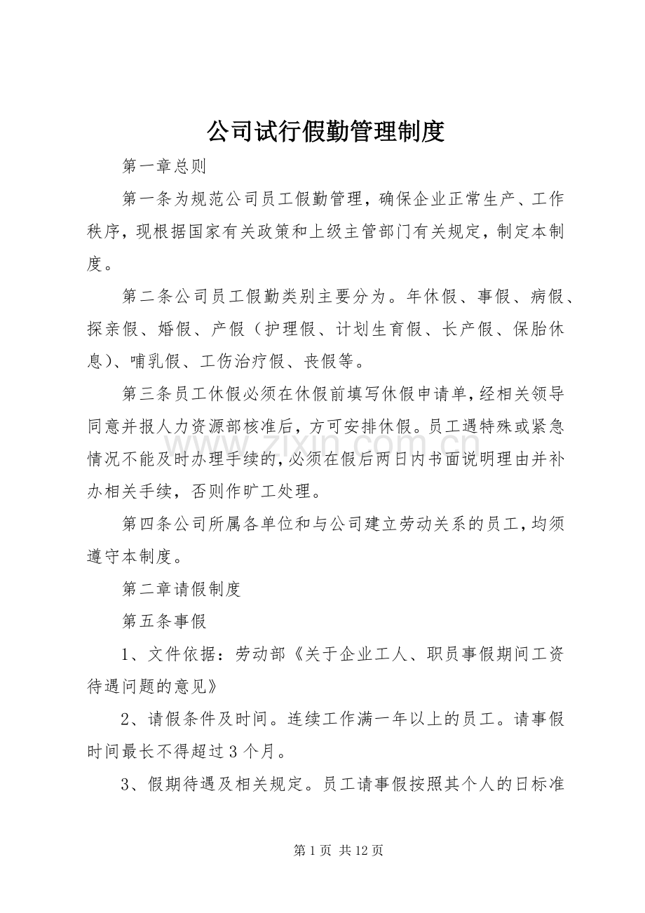 公司试行假勤管理规章制度.docx_第1页