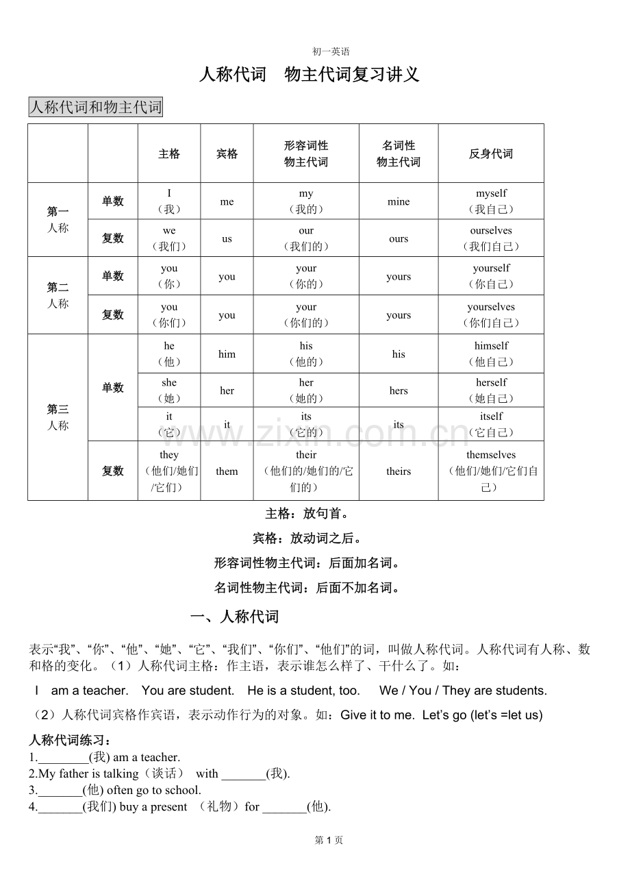 初一英语-be-动词-人称代词--物主代词(1).doc_第1页