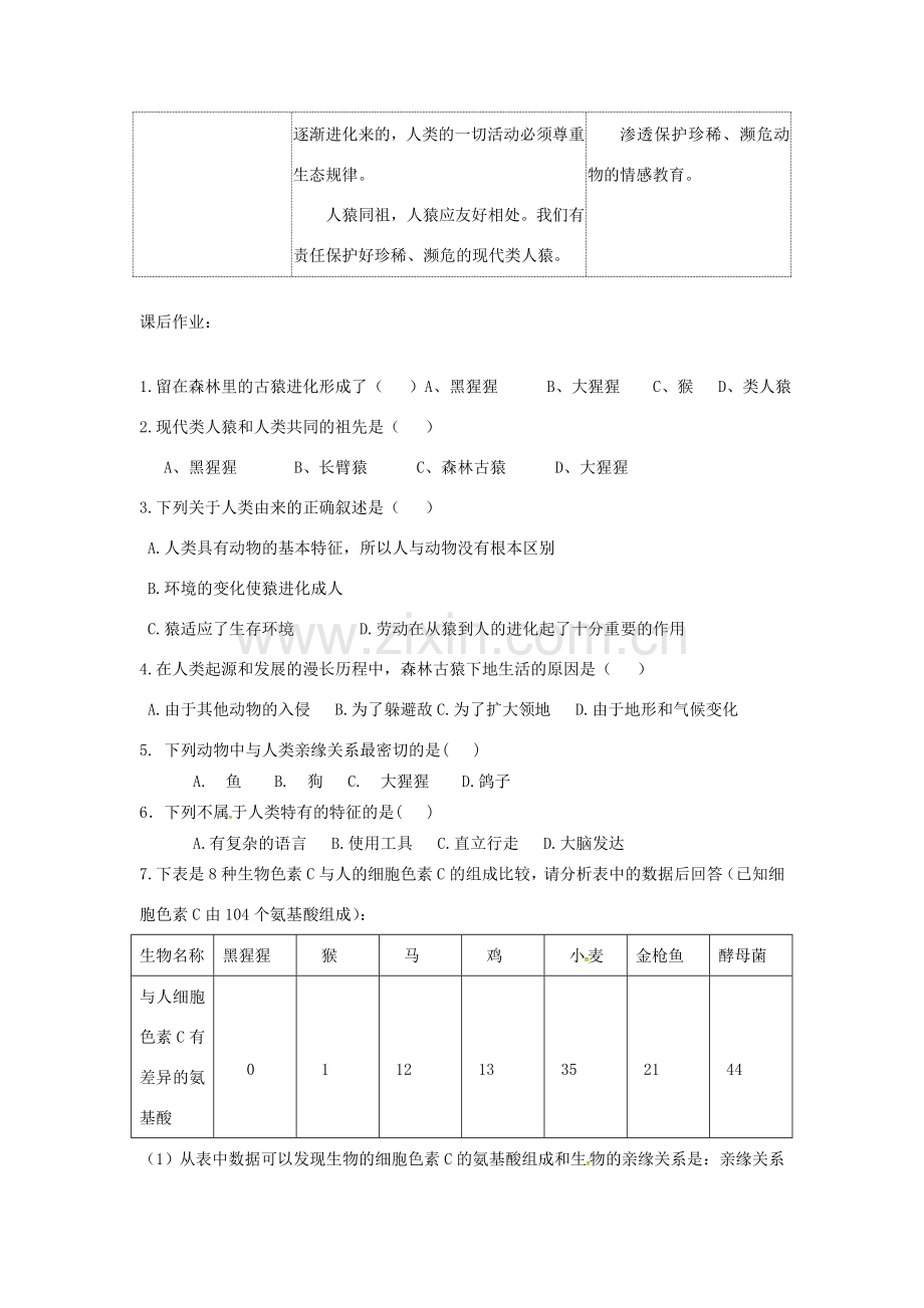 七年级生物下册 第四单元 第一章 第一节 人类的起源和发展教案1 （新版）新人教版-（新版）新人教版初中七年级下册生物教案.doc_第3页