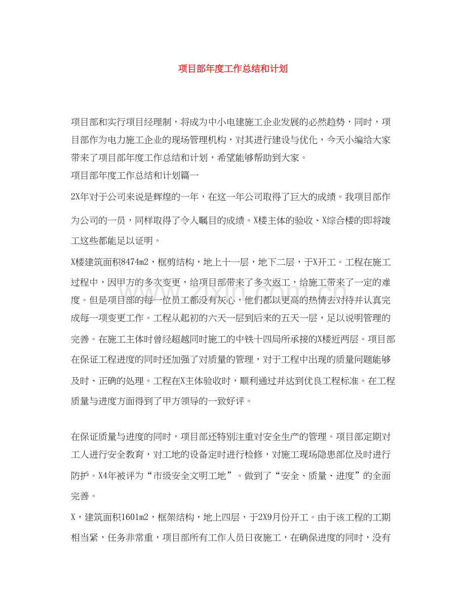 项目部年度工作总结和计划.docx_第1页