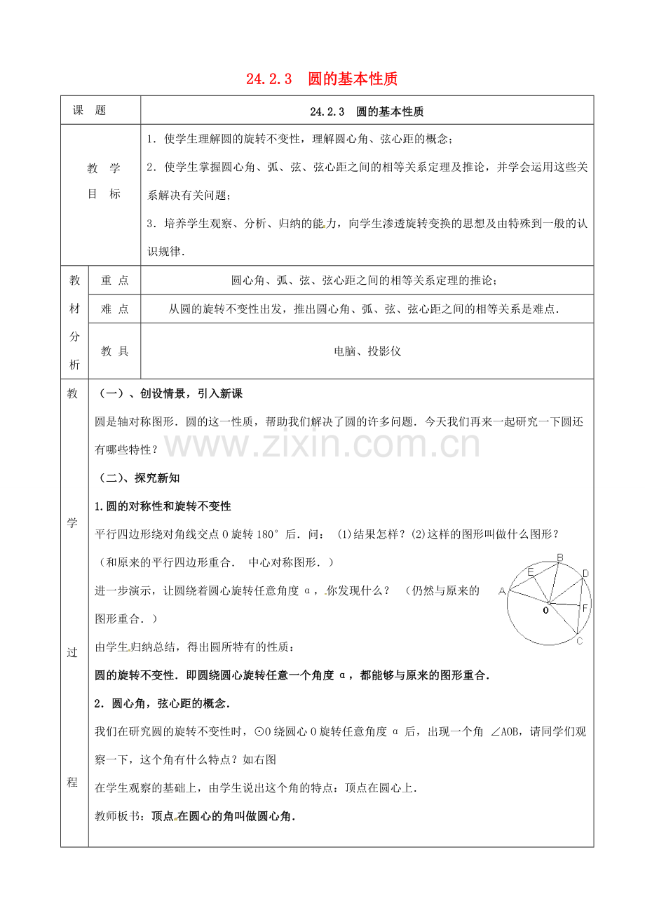 上海市金山区山阳镇九年级数学下册 24.2 圆的基本性质 24.2.3 圆的基本性质教案 （新版）沪科版-（新版）沪科版初中九年级下册数学教案.doc_第1页