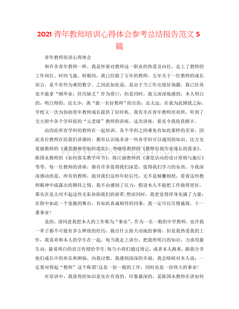 2024青年教师培训心得体会参考总结报告范文5篇.doc_第1页