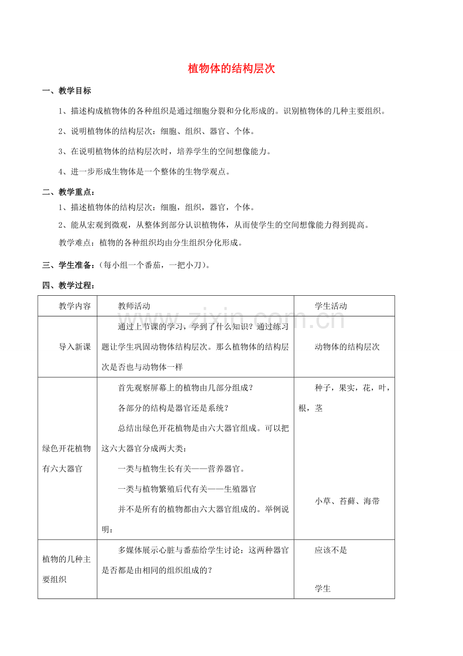 七年级生物上册 第二单元 第二章 第三节 植物体的结构层次教案2 （新版）新人教版-（新版）新人教版初中七年级上册生物教案.doc_第1页