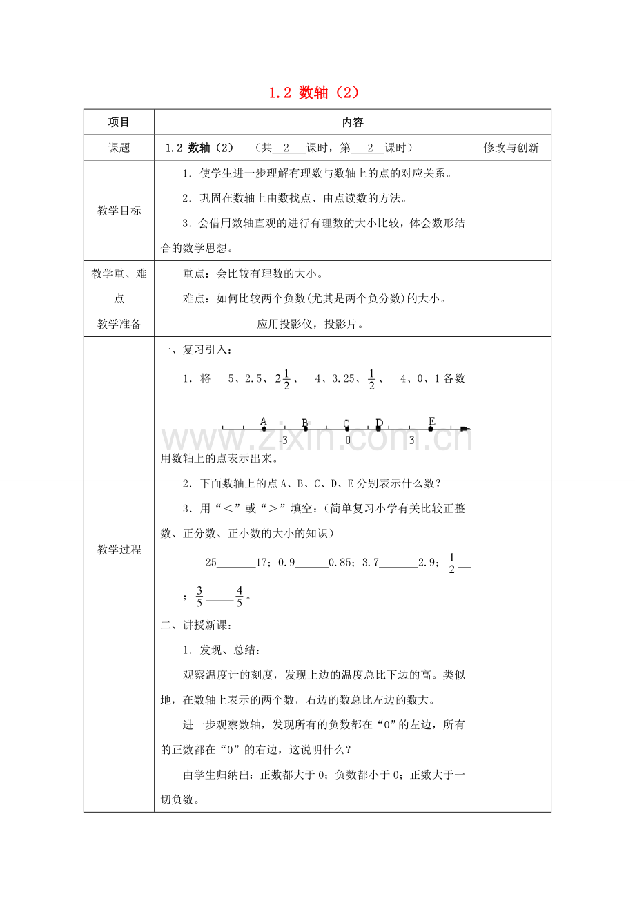 七年级数学上册 1.2 数轴（2）教案 （新版）沪科版-（新版）沪科版初中七年级上册数学教案.doc_第1页