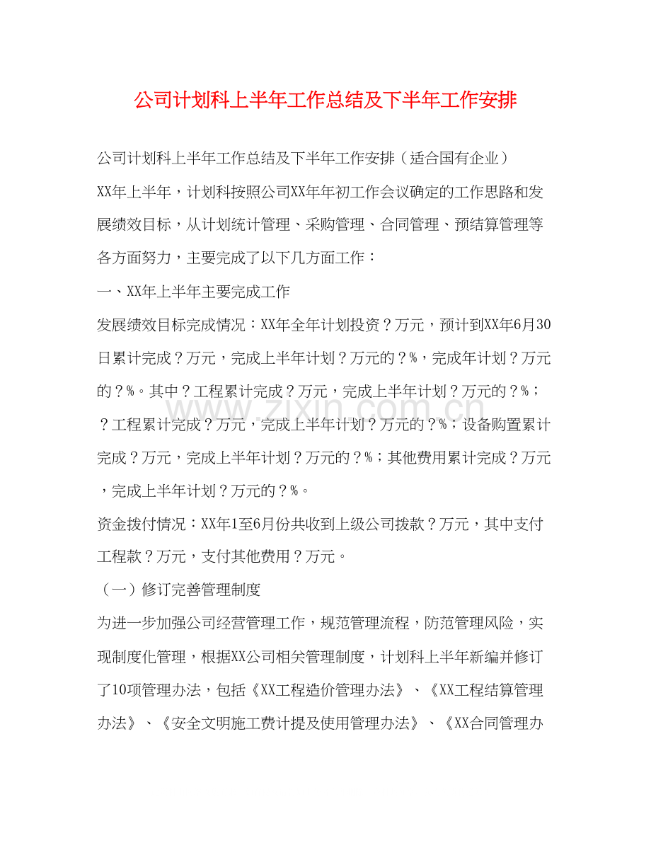 公司计划科上半年工作总结及下半年工作安排.docx_第1页