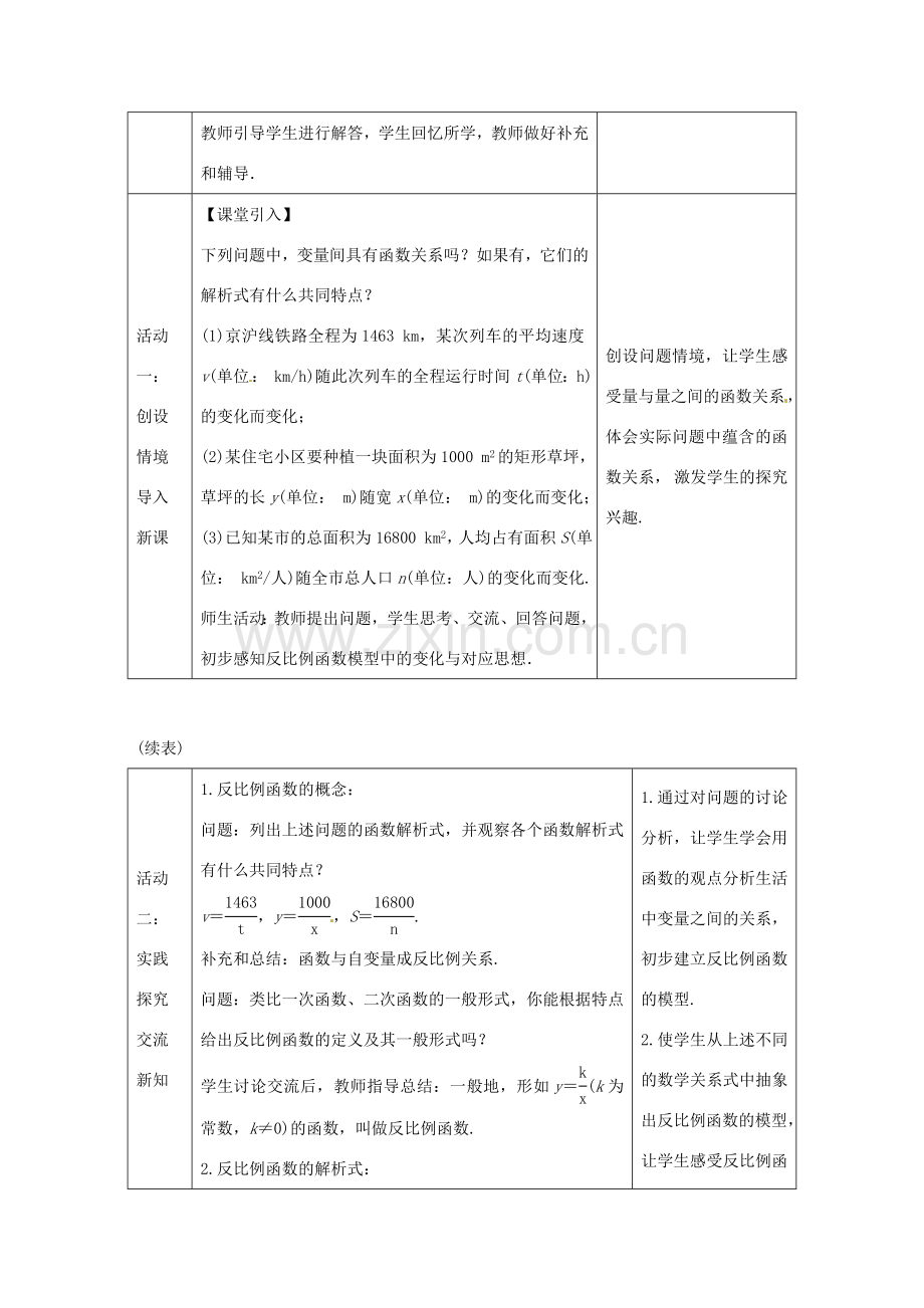 教与学 新教案九年级数学下册 26.1.1 反比例函数教学设计 （新版）新人教版-（新版）新人教版初中九年级下册数学教案.doc_第2页