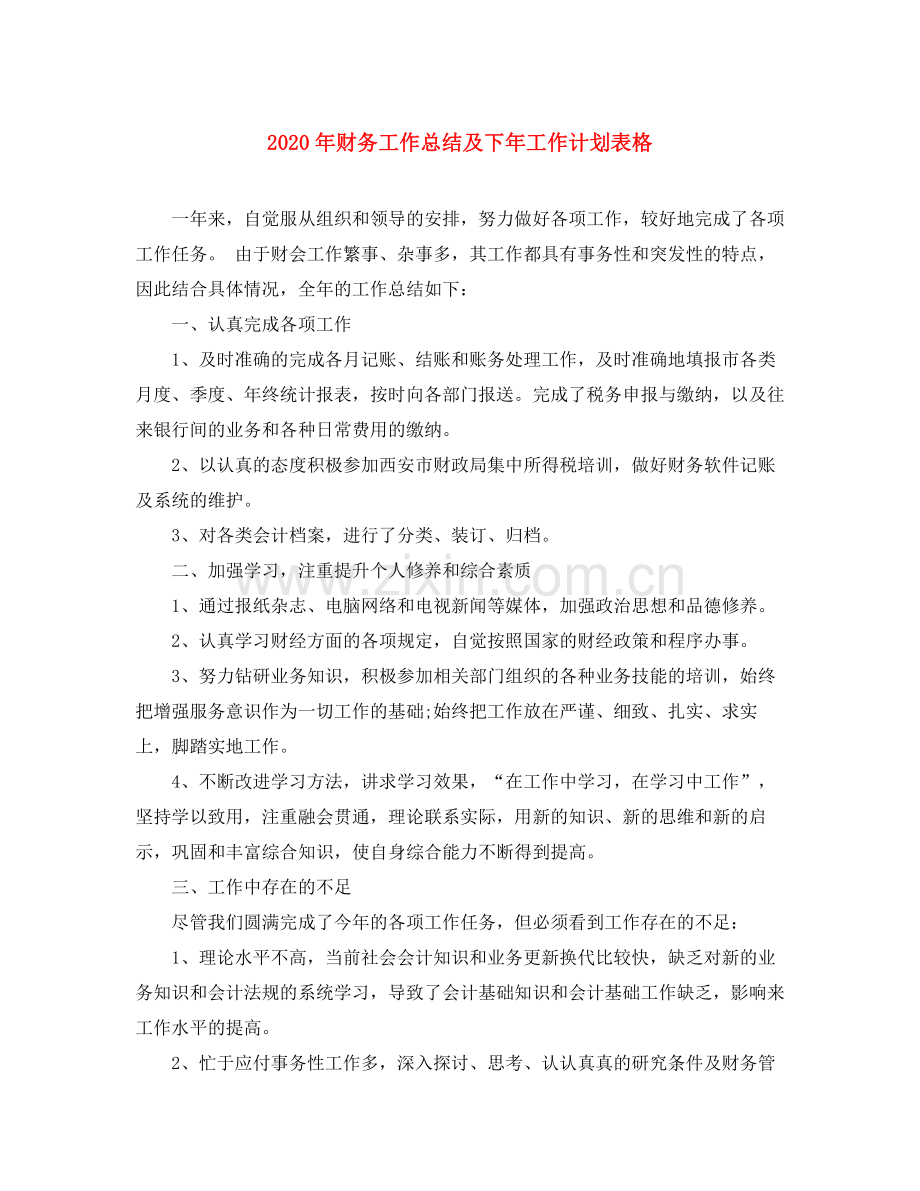 2020年财务工作总结及下年工作计划表格.docx_第1页