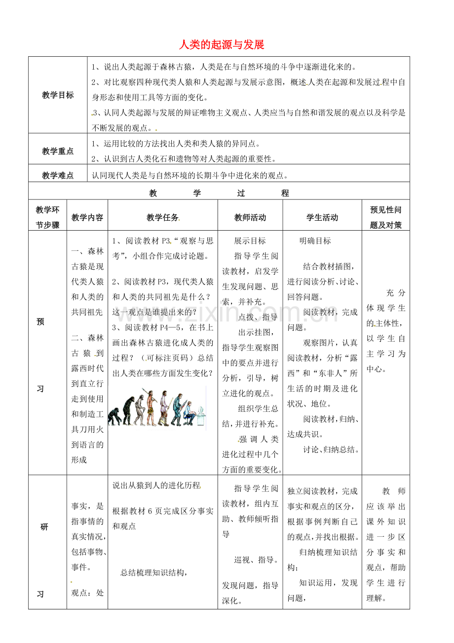 七年级生物下册 第四单元 第一章 第一节 人的起源与发展教案 新人教版-新人教版初中七年级下册生物教案.doc_第1页