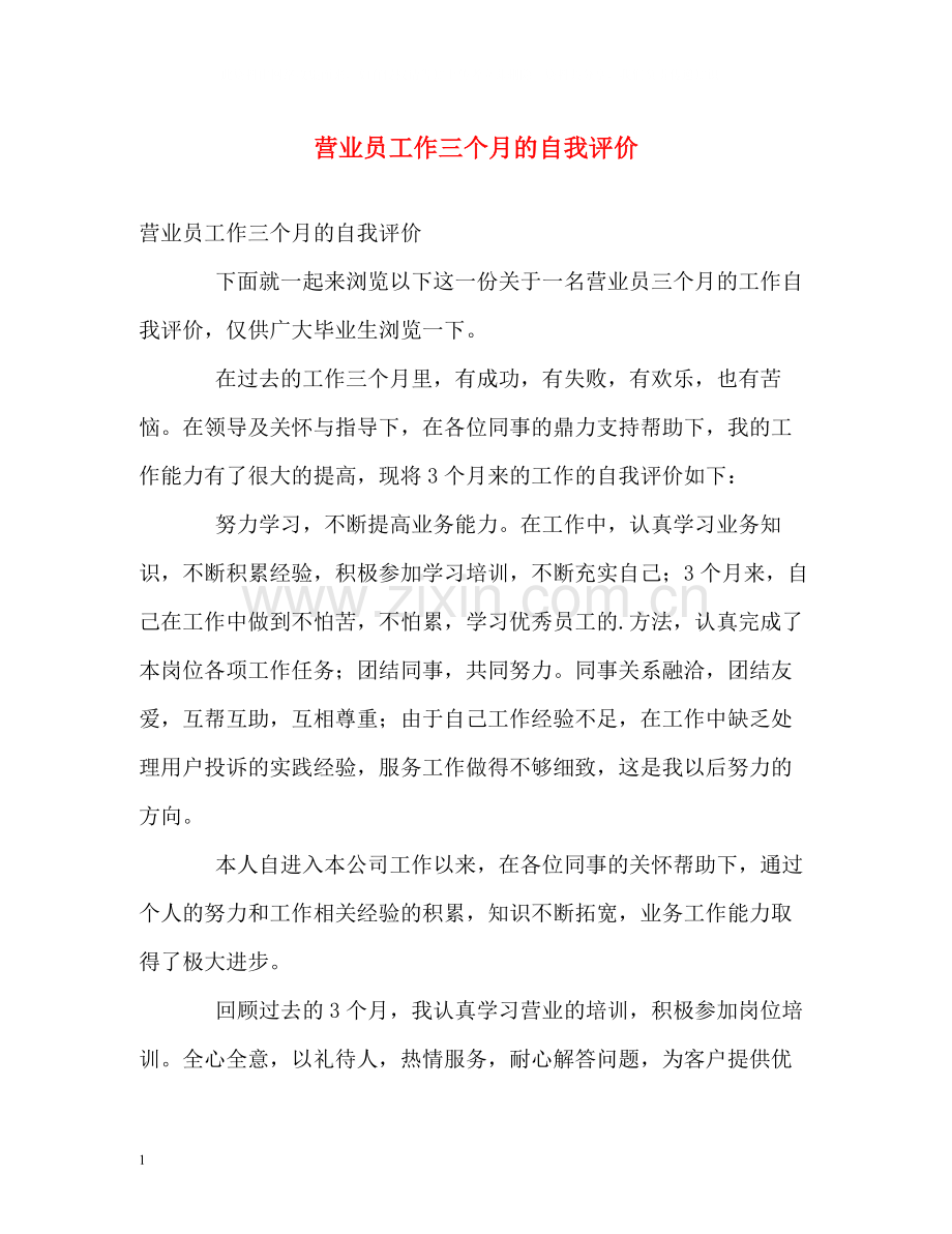 营业员工作三个月的自我评价.docx_第1页