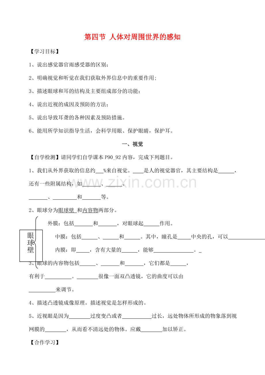 七年级生物下册 3.5.4 人体对周围世界的感知导学案（无答案）（新版）济南版.doc_第1页