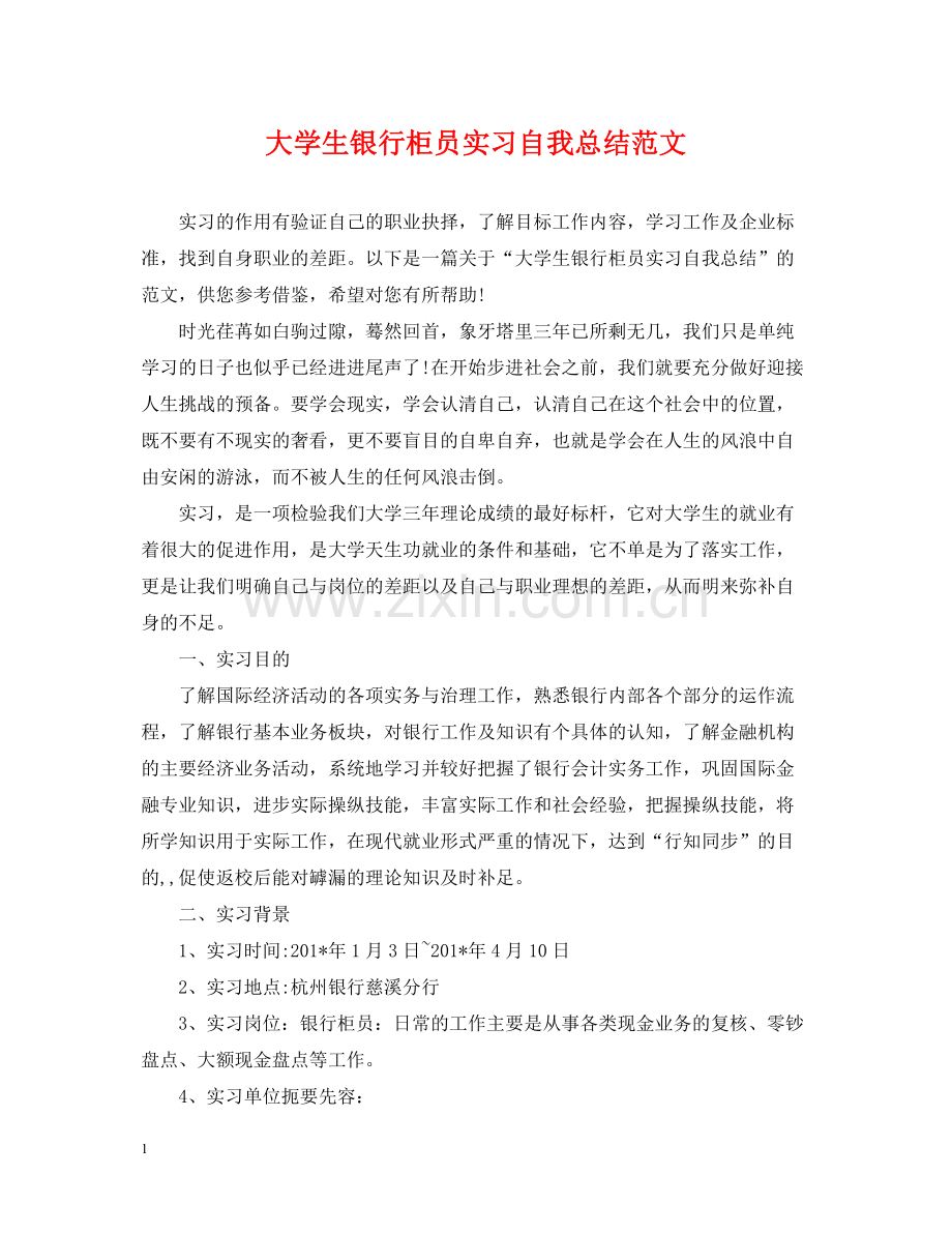 大学生银行柜员实习自我总结范文.docx_第1页