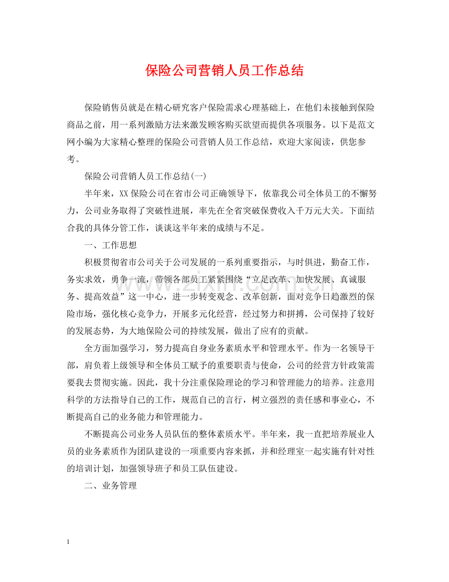 保险公司营销人员工作总结.docx_第1页