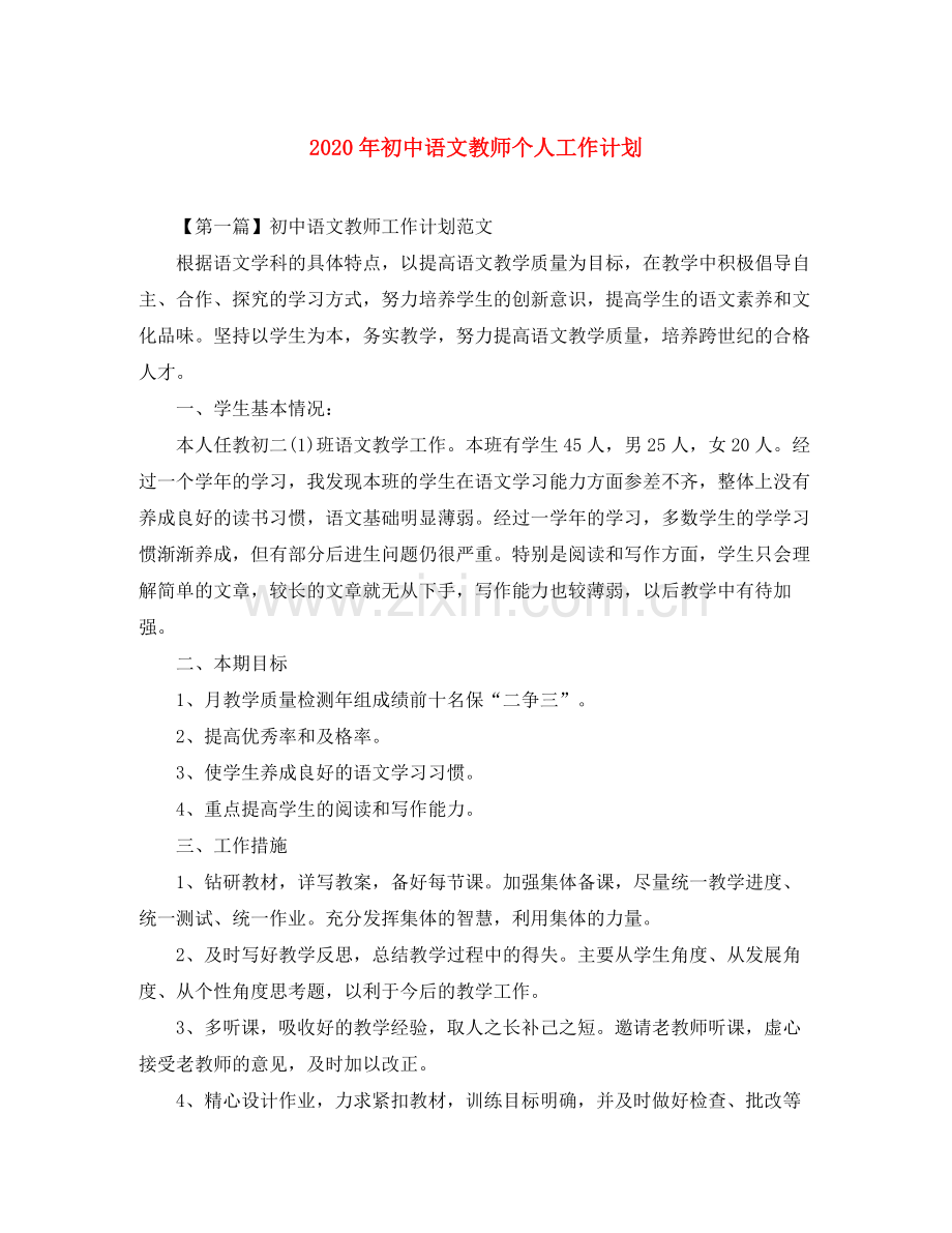 2020年初中语文教师个人工作计划.docx_第1页