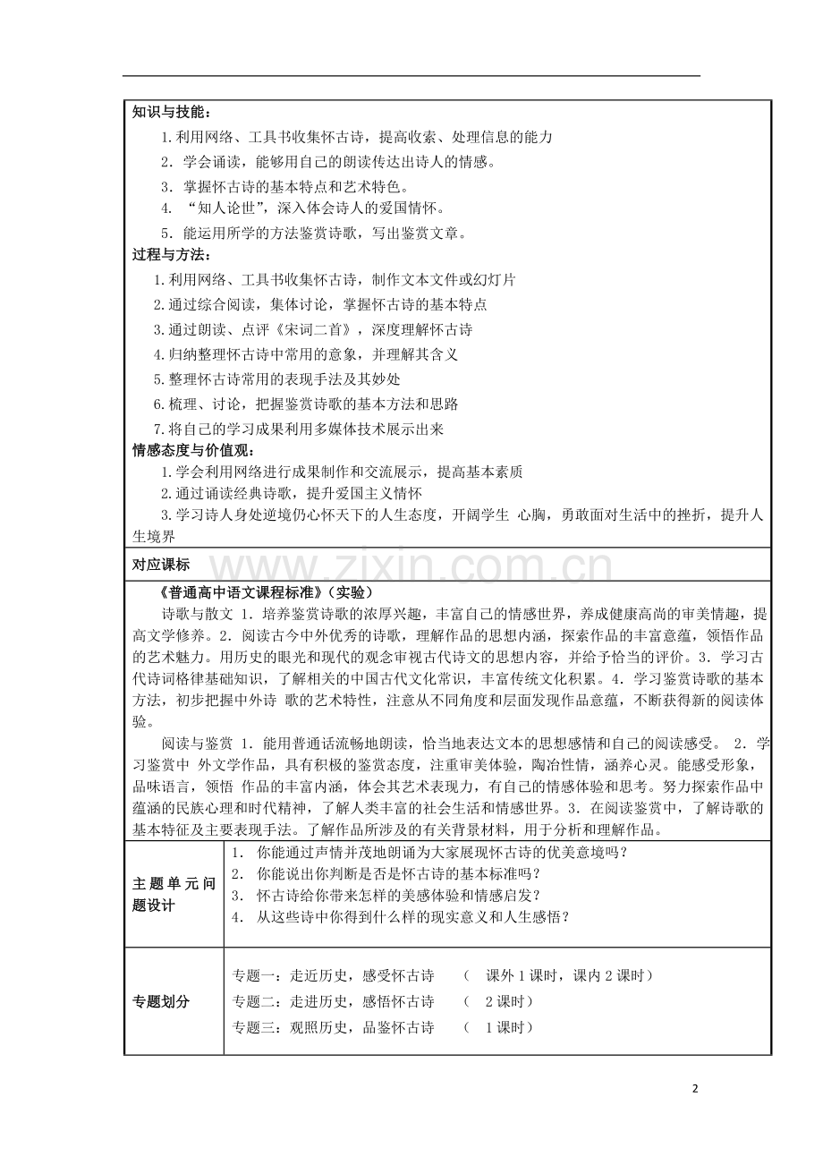 山东省荣成市高中2012-2013学年高二语文-忧国忧民的怀古诗主题单元设计.doc_第2页