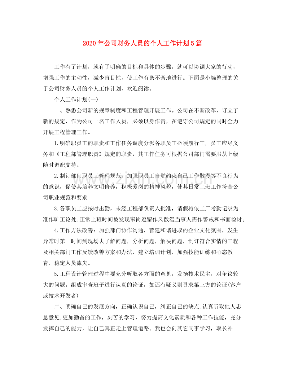 2020年公司财务人员的个人工作计划5篇.docx_第1页