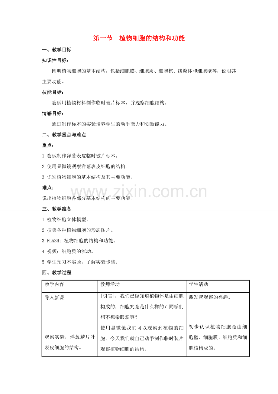 七年级生物上册 第二单元 第三章 第1节《植物细胞的结构和功能》教案 （新版）苏教版-（新版）苏教版初中七年级上册生物教案.doc_第1页
