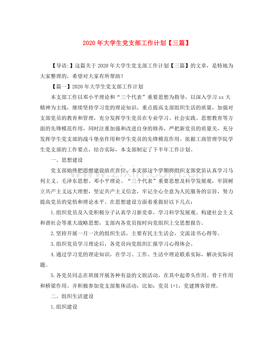 2020年大学生党支部工作计划【三篇】.docx_第1页