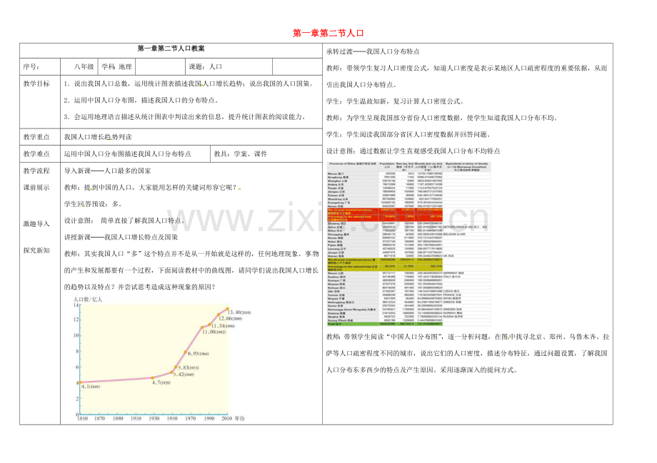 八年级地理上册 第一章 第二节 人口教案 （新版）新人教版-（新版）新人教版初中八年级上册地理教案.doc_第1页