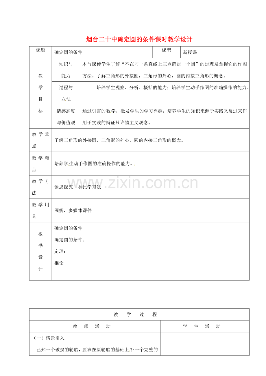 山东省烟台20中九年级数学 《确定圆的条件》教学设计.doc_第1页