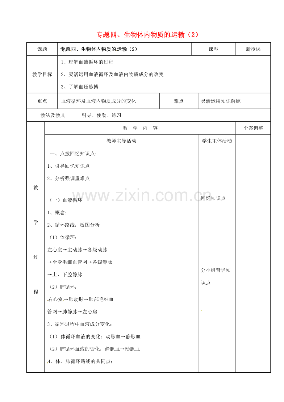 中考生物 专题四 生物体内物质的运输复习教案（2） 苏科版-苏科版初中九年级全册生物教案.doc_第1页