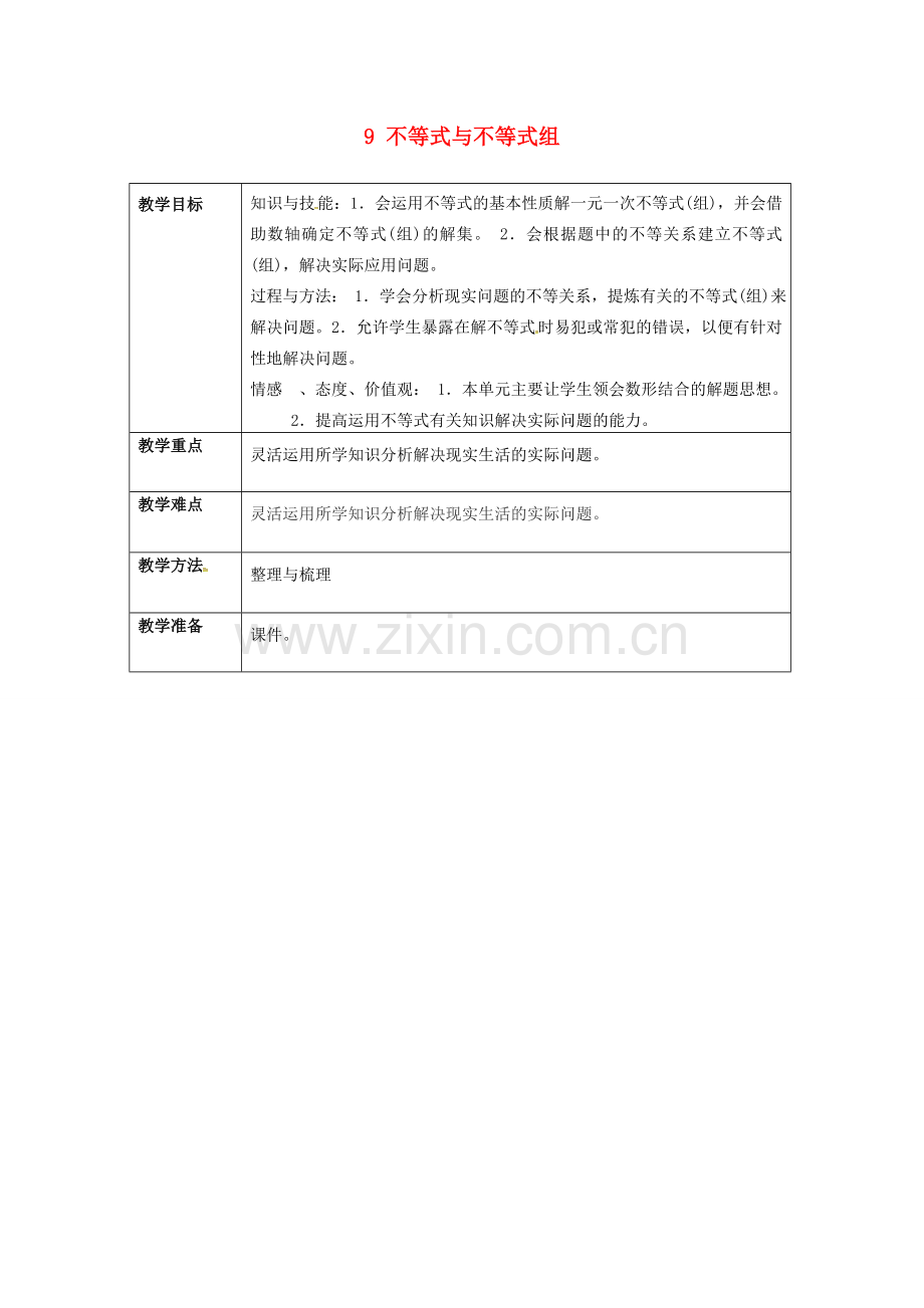 七年级数学下册 9 不等式与不等式组整理与梳理教案 （新版）新人教版-（新版）新人教版初中七年级下册数学教案.doc_第1页