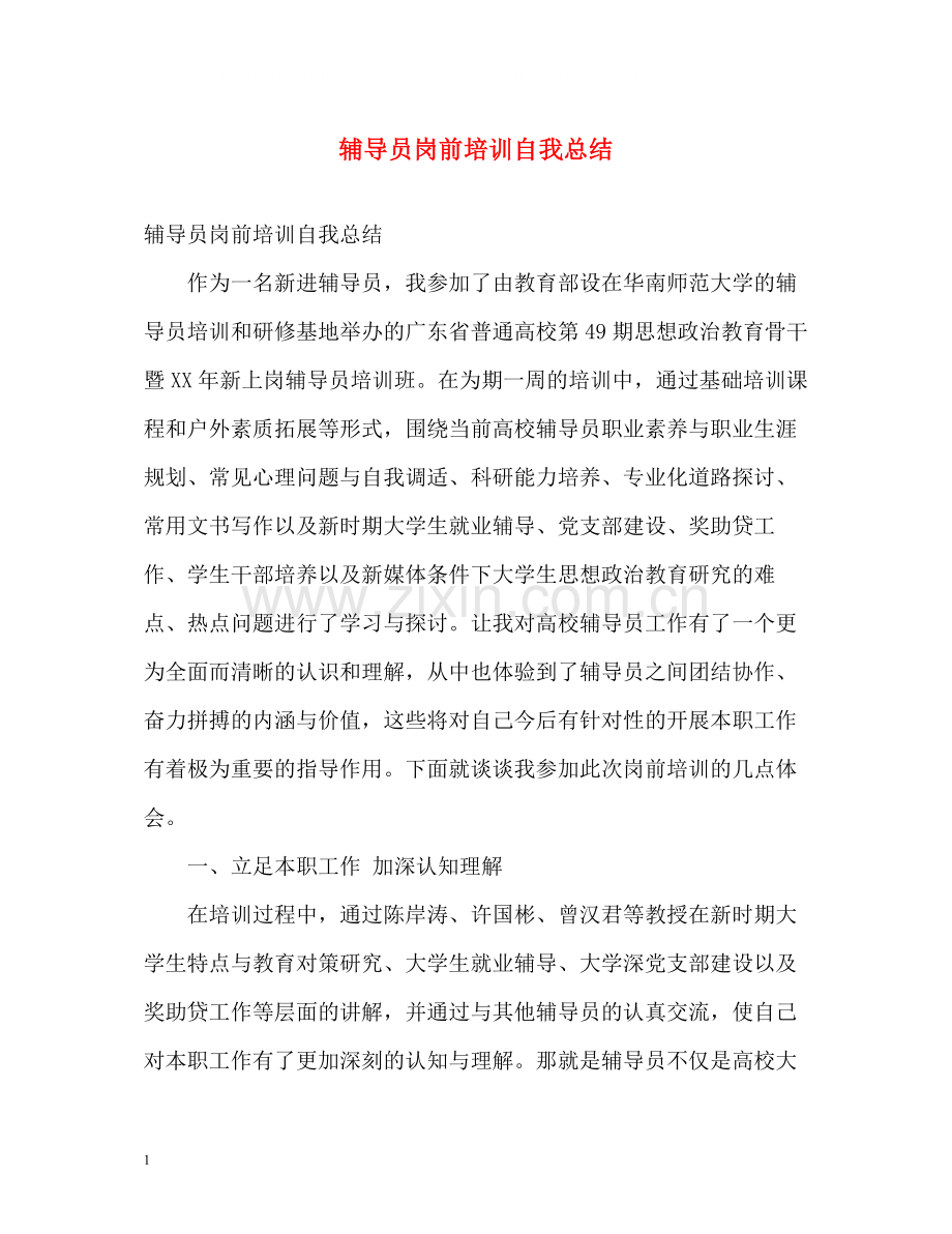 辅导员岗前培训自我总结.docx_第1页