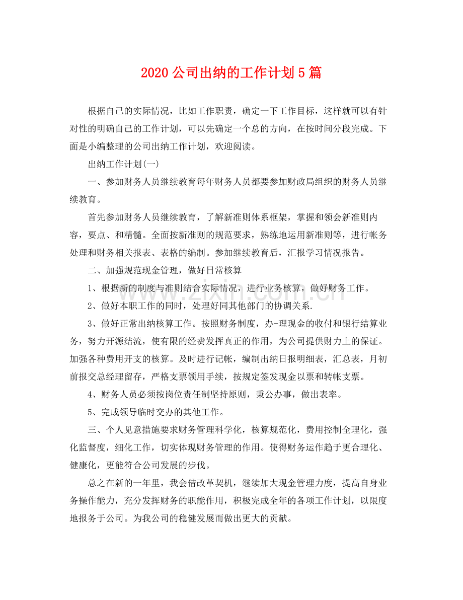 公司出纳的工作计划5篇 .docx_第1页