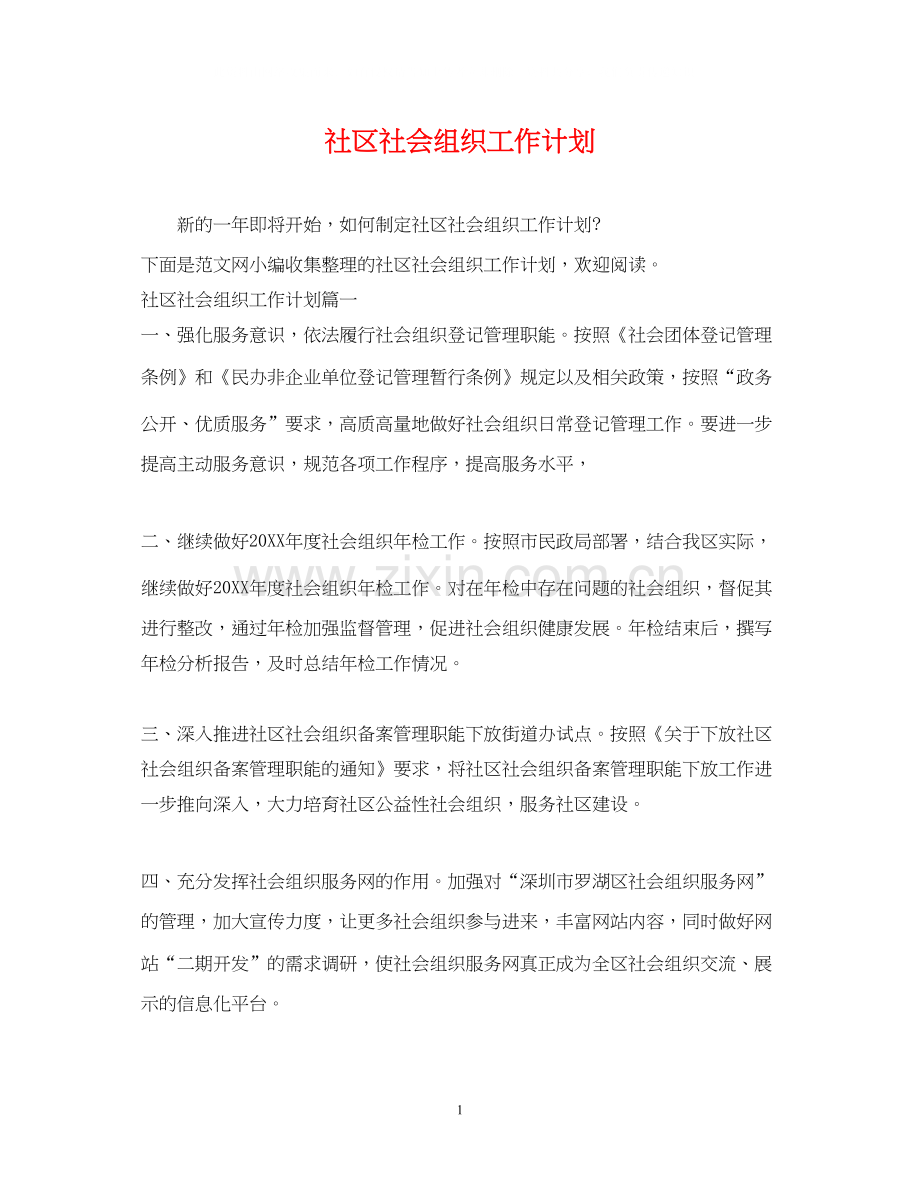 社区社会组织工作计划.docx_第1页