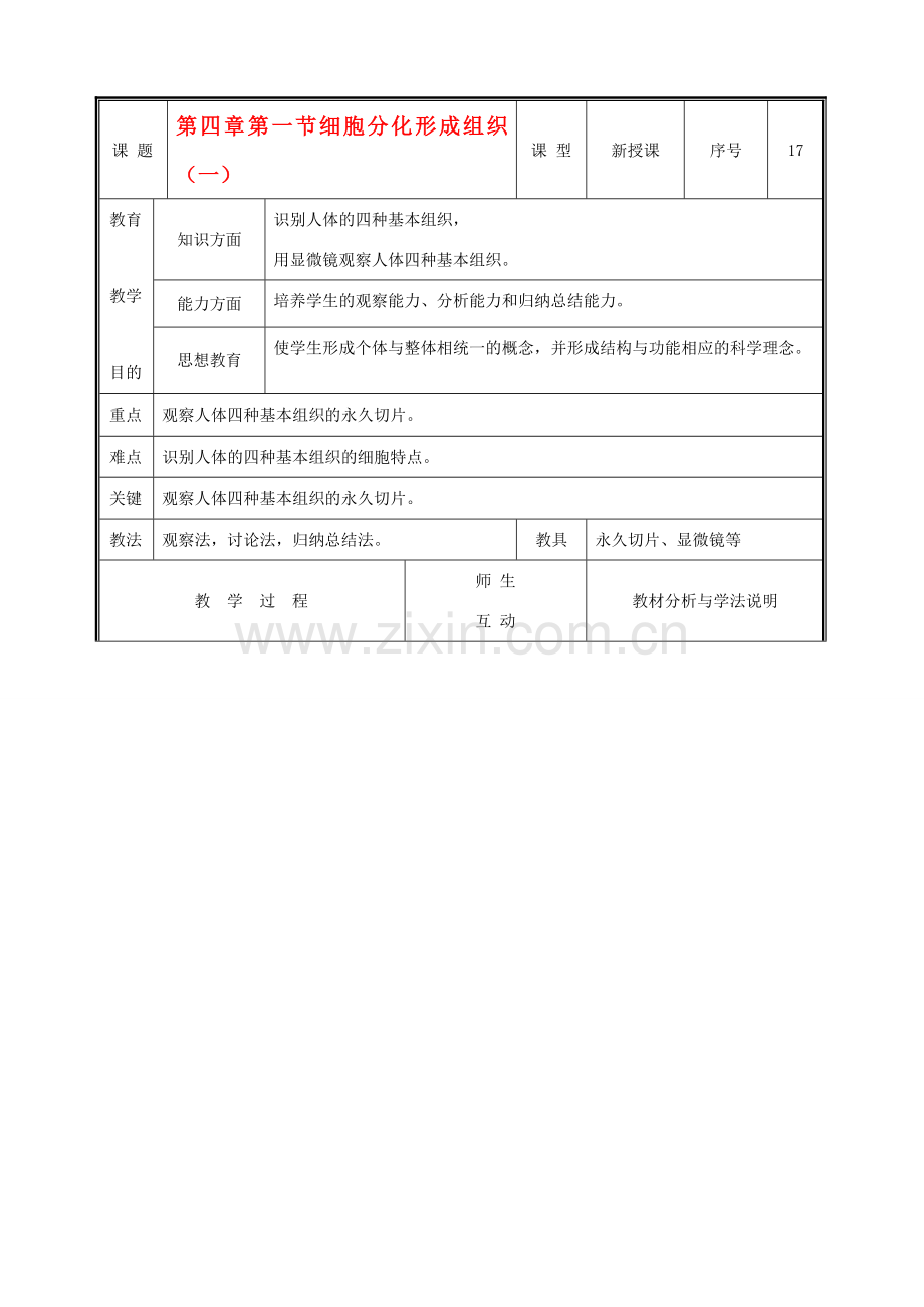 七年级生物上册 2.4.1细胞分化形成组织教案( 一) 北师大版.doc_第1页